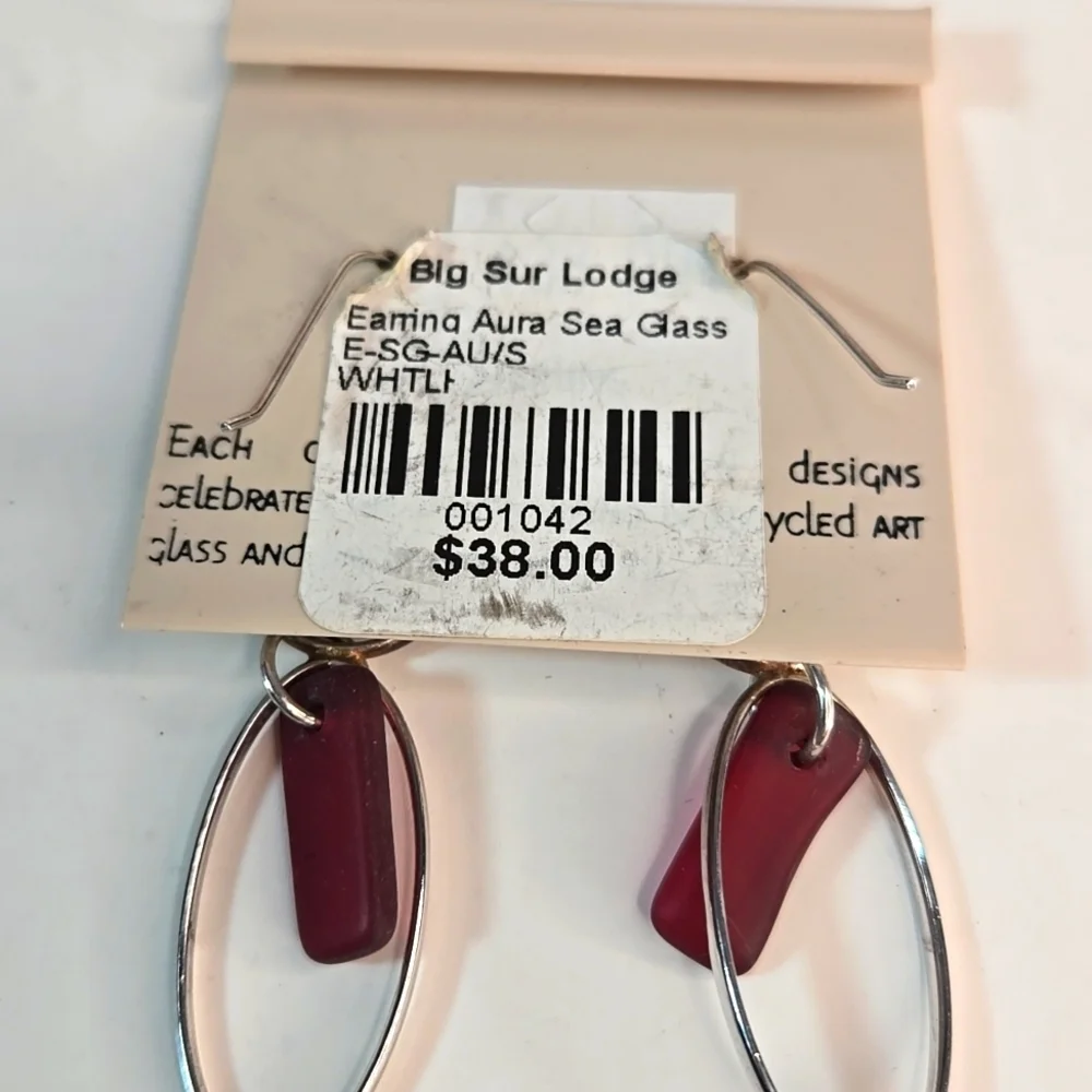 Silver & Sea Glass Elegant Drop Earrings Big Sur Dark Pink NWT